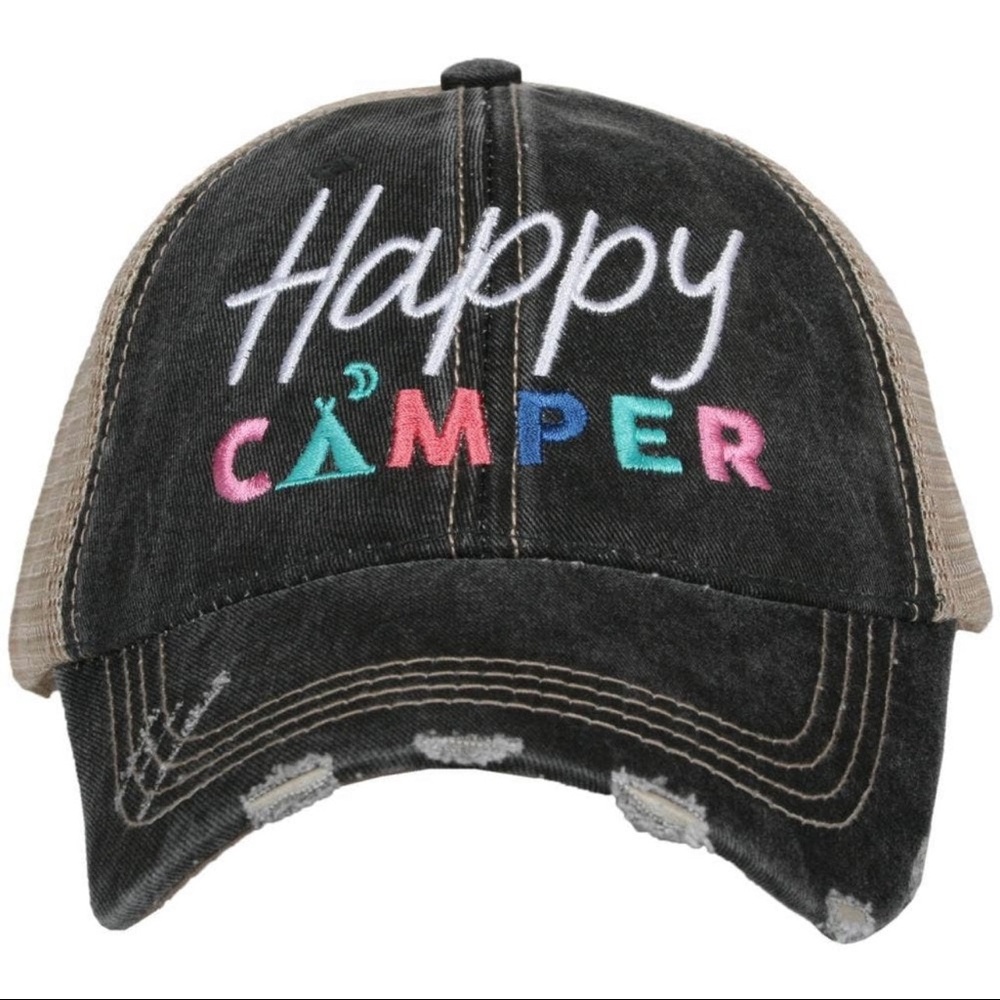 Distressed Happy Campers Embroidered Trucker Hats